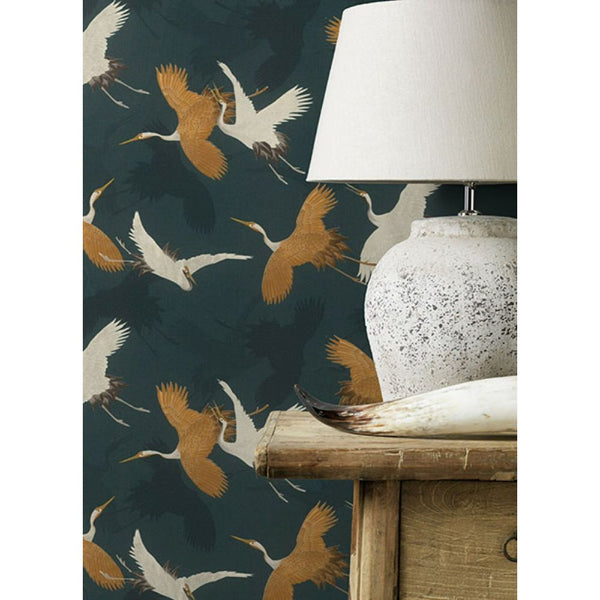 Kusama Dark Blue Crane Wallpaper