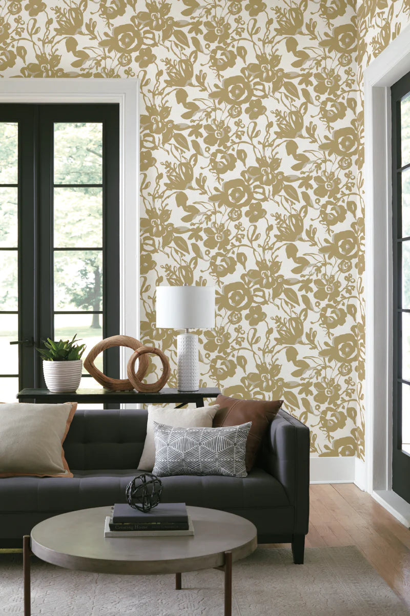 Gold Brushstrokes Floral Wallpaper